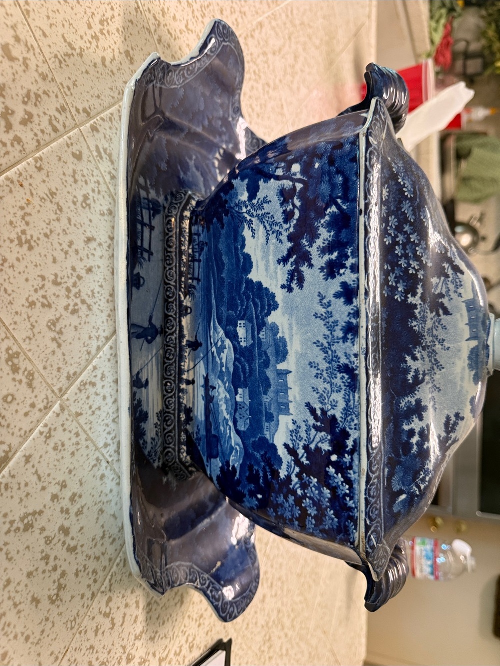 Blue Transferware Ceramic Soup Tureen with Lid - Classic Scenic Pattern